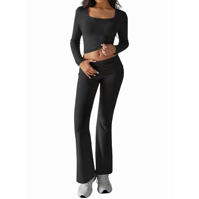 Conjuntos de Salón para Mujer, Conjuntos Casuales Y2K de 2 Piezas, Tops Cortos de Corta, Pantalones Acampanados con Pliegues y Chándales. Gris Oscuro L