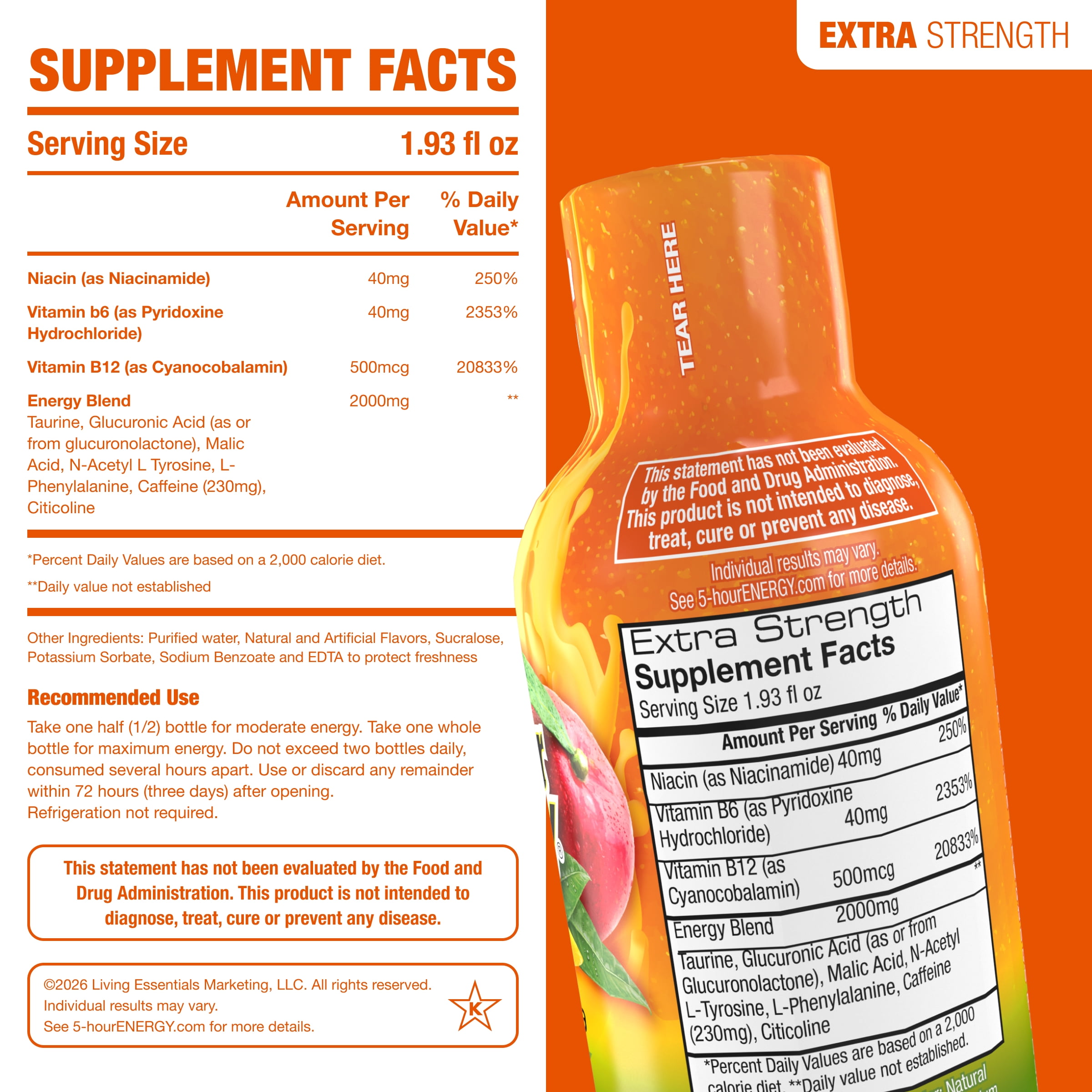 5-hour Energy Shot, Extra Strength, Peach Mango, 6 Count