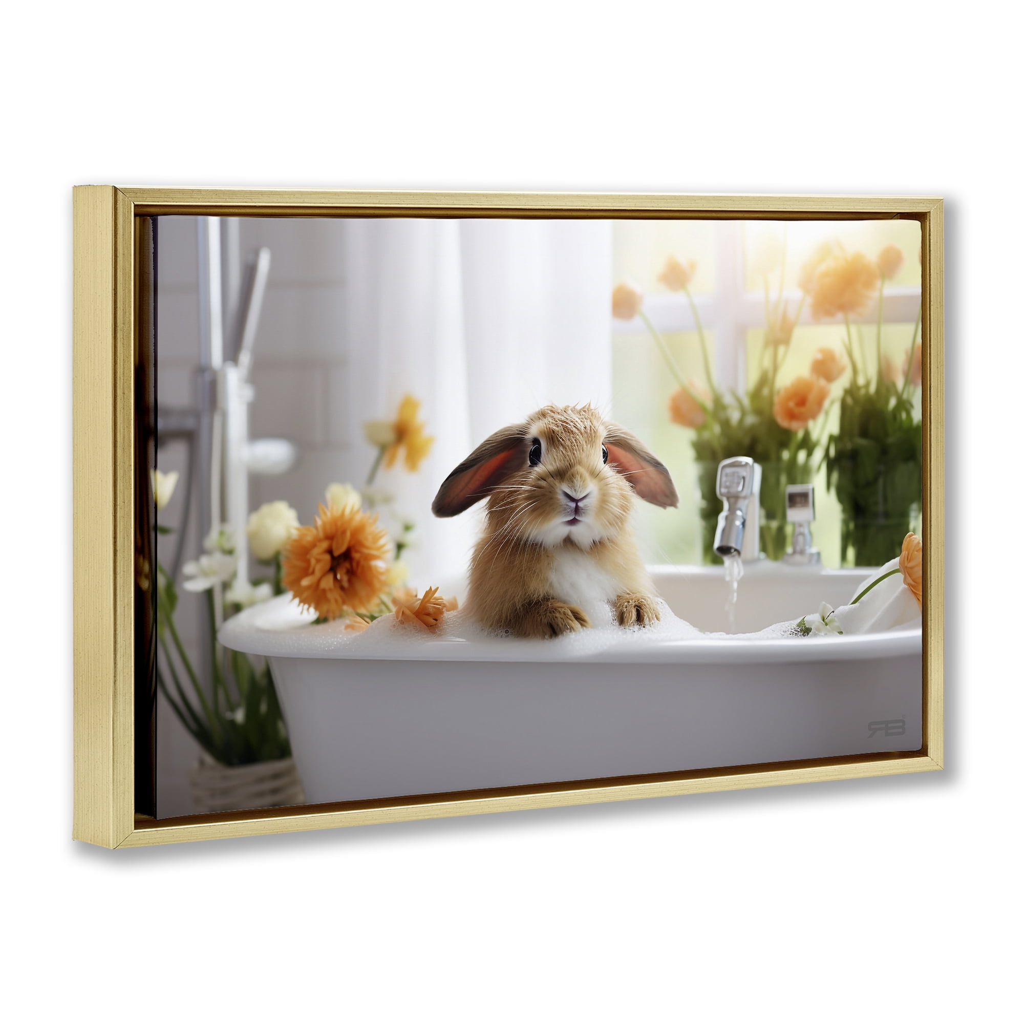 Stupell Industries Bathing Baby Bunny Typography Painting Gold Floater Framed Canvas Art Print Wall Art, 25 x 17