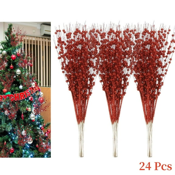 24 Pack Artificial Foam Berries Picks,Flexible Wire Glittery Bead Sticks,Vase Filler Decorations,Christmas Table Centrepieces,for Holiday Decor (Gold)