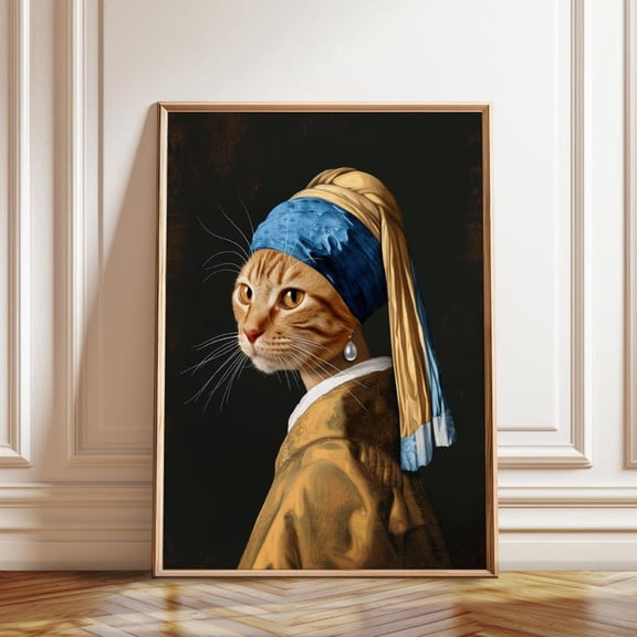 Cat Feline Girl With Pearl Earring Wall Art Print, Unframed Paper Poster 8x10in