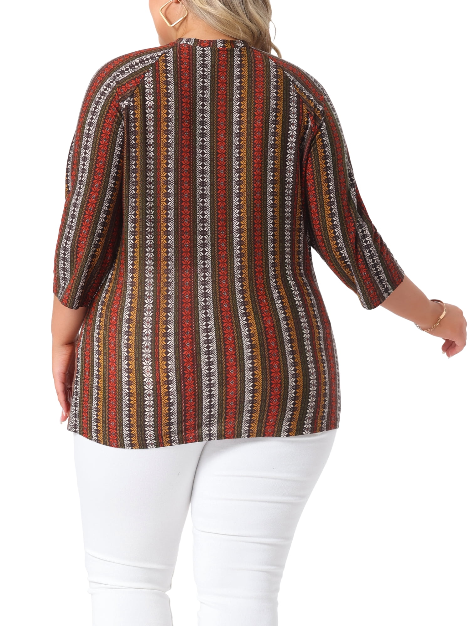 Women's Plus Tops V Neck 3/4 Sleeve Knit Blouse Tee Shirt Stripe Boho Tops 3X Red Brown