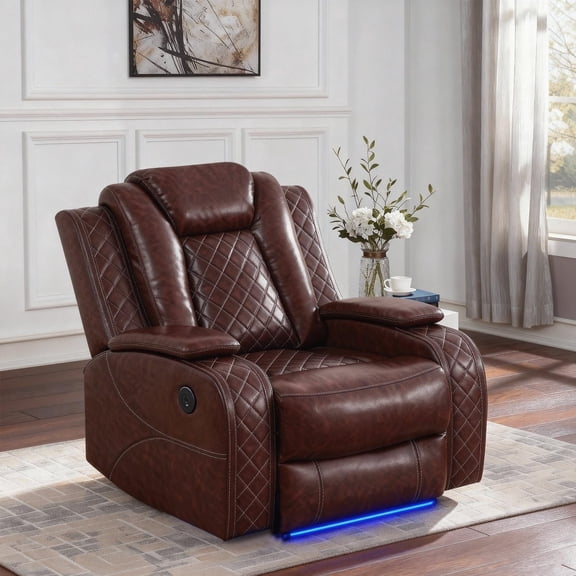 Saxum Tegmen Living Room Furniture Sets, Power Recliner Sofa Set with LED Lights & Armrest Storage, Leather Reclining Sofa for Living Room, Home Theater, and Apartment (1-Seater Chair, Brown)