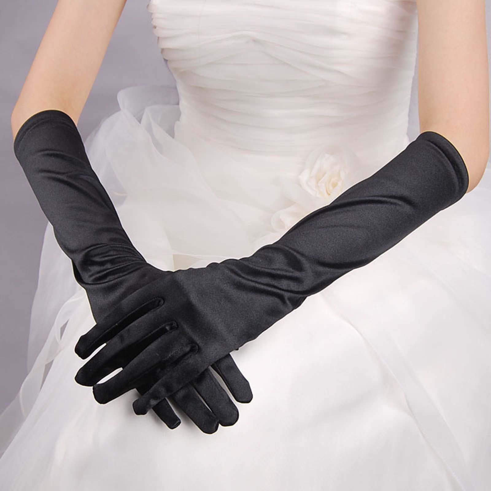 22" White Stretchy Satin Wedding Bridal Opera Prom Party Fancy Dress Pair Gloves 