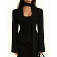 thumbnail image 4 of Chaqueta de Traje de Larga para Mujer, Color Liso, Cuello en V, Corte Entallado y Hombreras Negro M, 4 of 8