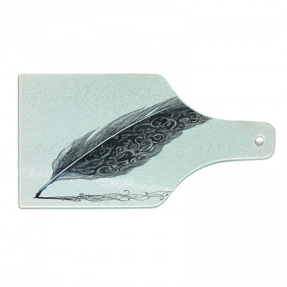 Grey Cutting Board, Image of a Dated Antique Classical Quill Pen Feather with Leaf Motifs on Side, Decorative Tempered Glass Cutting and Serving Board, Wine Bottle Shape, Grey Black, by Ambesonne