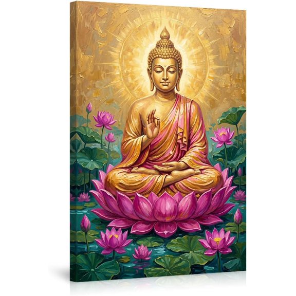 Golden Buddha Wall Art Zen Lotus Flower Meditation Room Decor Canvas Poster