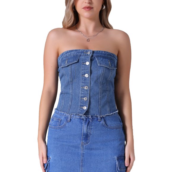INSPIRE CHIC Women's Denim Corset Button Front Raw Hem Smocked Back Crop Tube Tops M Blue