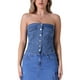 thumbnail image 1 of INSPIRAR CHIC Top de tubo recortado de mezclilla para mujer con corsé, botones frontales, dobladillo sin terminar y espalda fruncida, M Azul, 1 of 5
