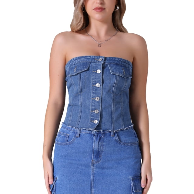 INSPIRAR CHIC Top de tubo recortado de mezclilla para mujer con corsé, botones frontales, dobladillo sin terminar y espalda fruncida, M Azul