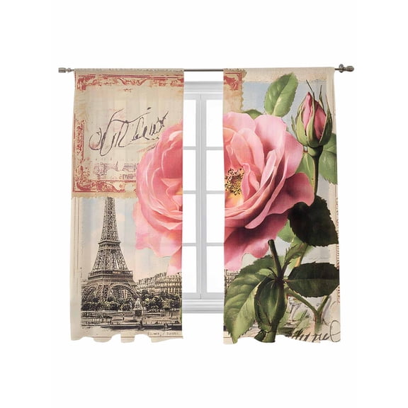 Flowers Stamps Sheer Curtains 72 inches Long 2 Panels Set Vintage Eiffel Tower Cards Sheer Window Curtain Rod Pocket Voile Drapes for Living Room/Bedroom, Each 52" W x 72" L