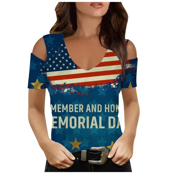 IROINNID 4th of July T-Shirt For Women Fashion Summer Casual Strapless Blouse Top V-Neck Women Tops 4th Of July