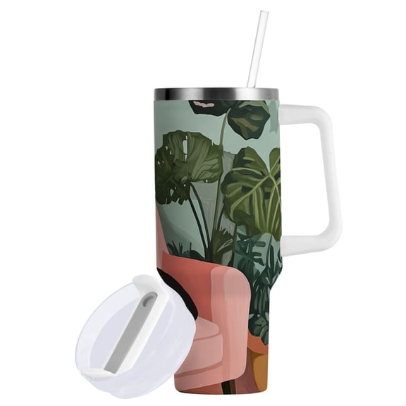 Yayeee 40oz Stainless Steel Tumbler with Straw and Handle Double-Wall Insulated Travel Water Bottle, Pink Sleeping Cat
