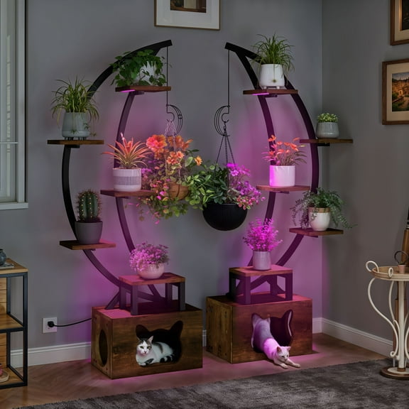 Craftian 65" Plant Stands Indoors with Grow Lights, Half Moon Metal Storge Shelf,Multiple Pots Metal Flower Stands with Cat Litter Box