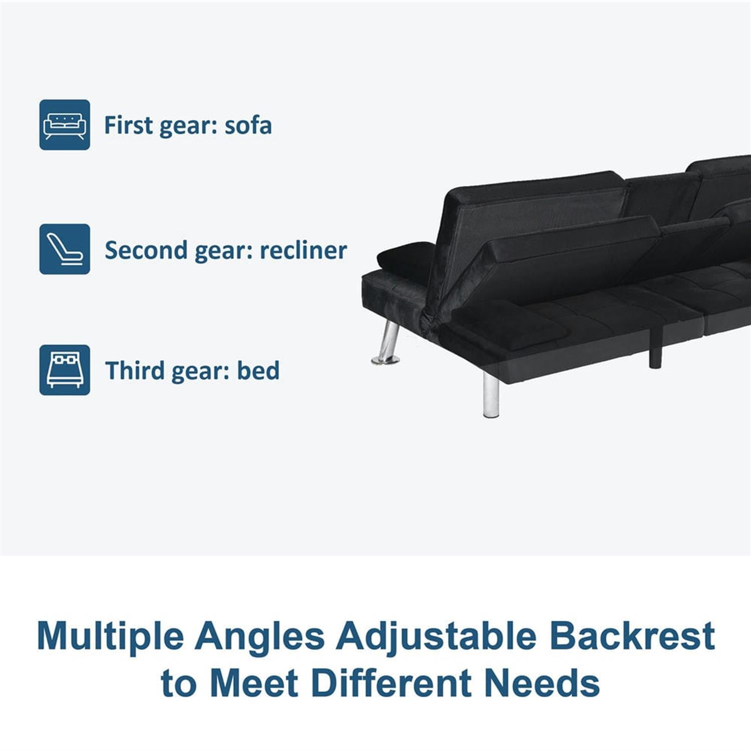 Demi Bonn Futon Sofa Bed, Velvet Futon Couch for Living Room, Recliner Sleeper Sofa with 2 Cup Holders, Removable Armrests, Metal Legs, Black