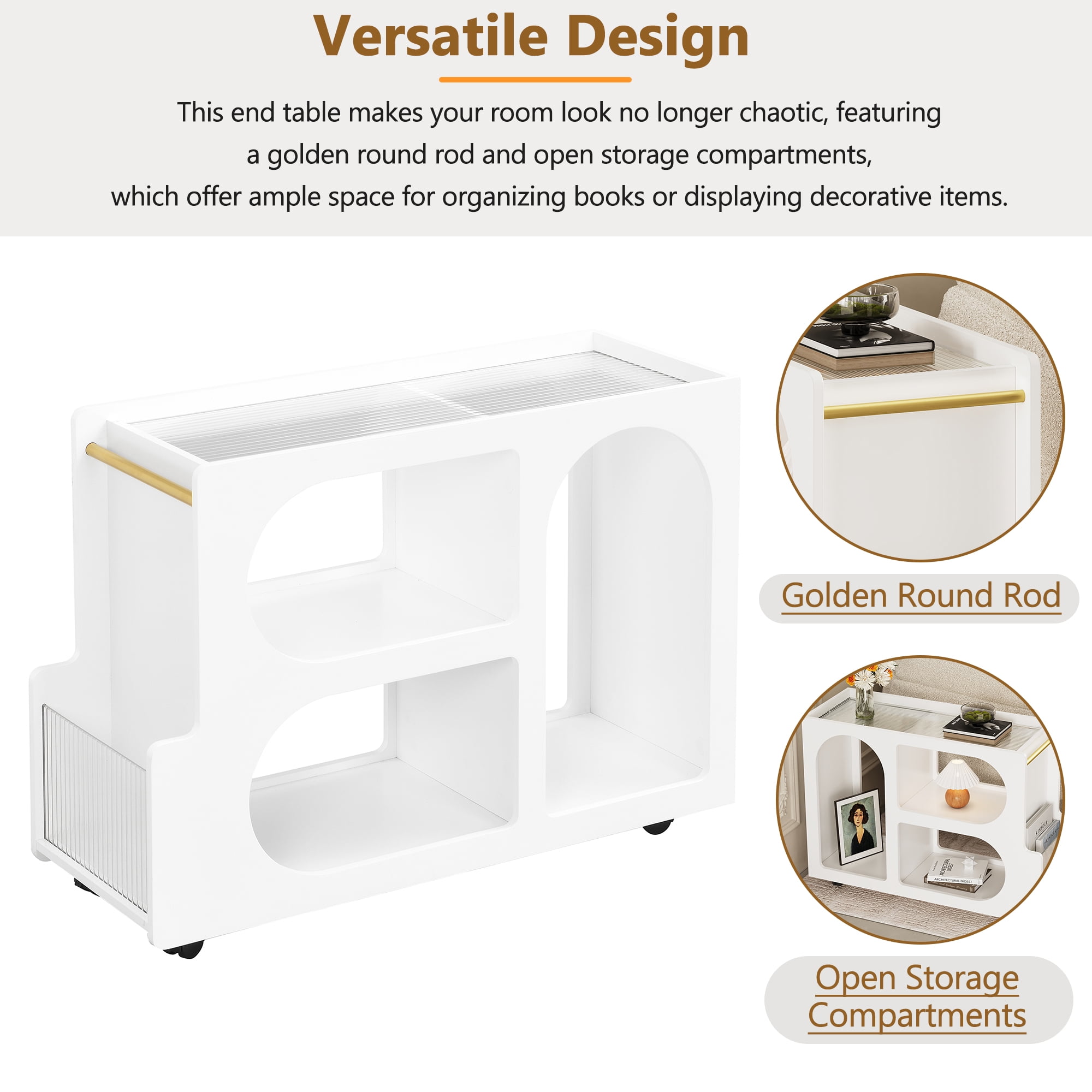 MAYEERTY Mobile End Table with Lockable Wheels, Narrow Coffee Table, Modern Nightstand for Living Room, White