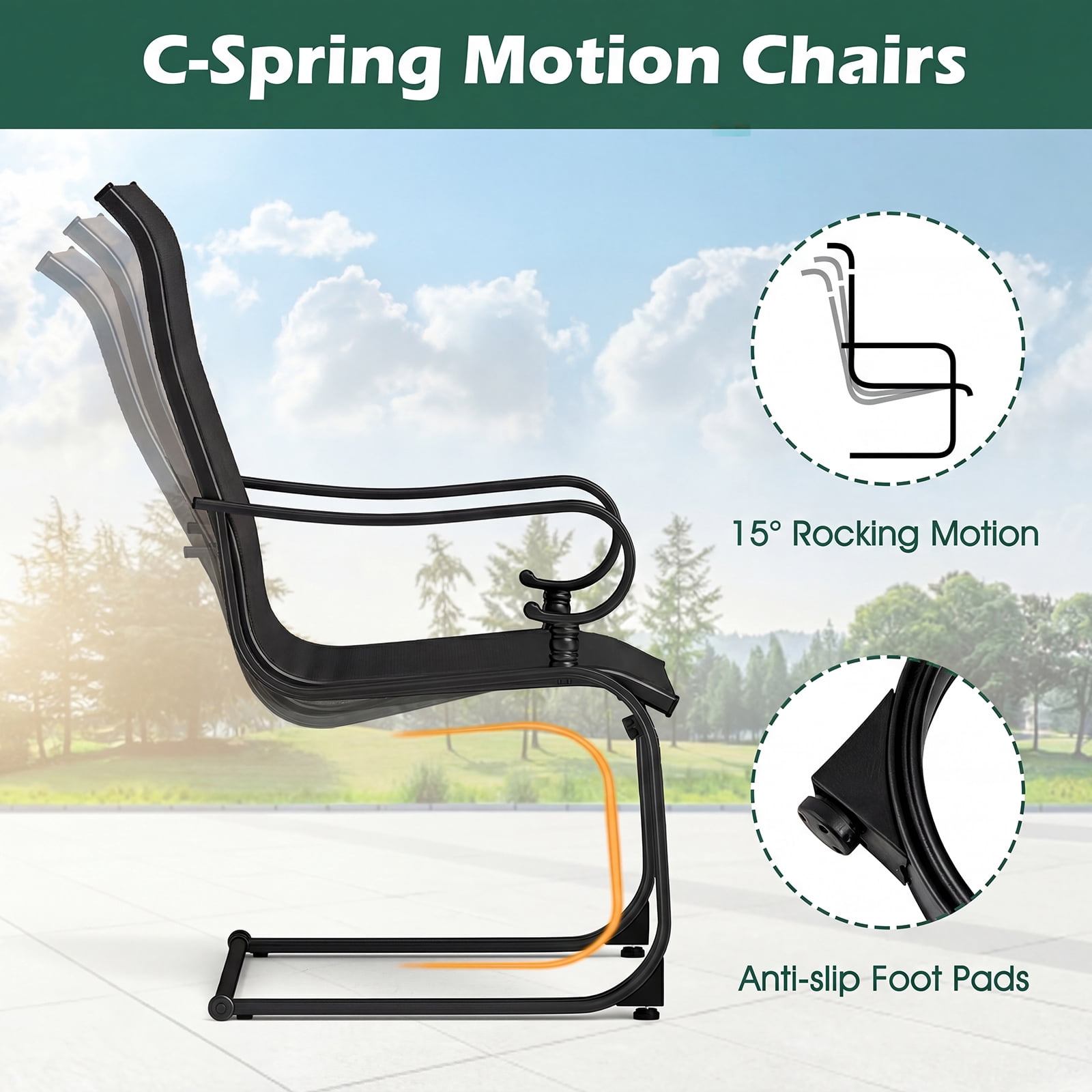 Costway Set of 2 Patio Chairs C-Spring Motion Chairs with Quick-drying & Breathable Fabric Black