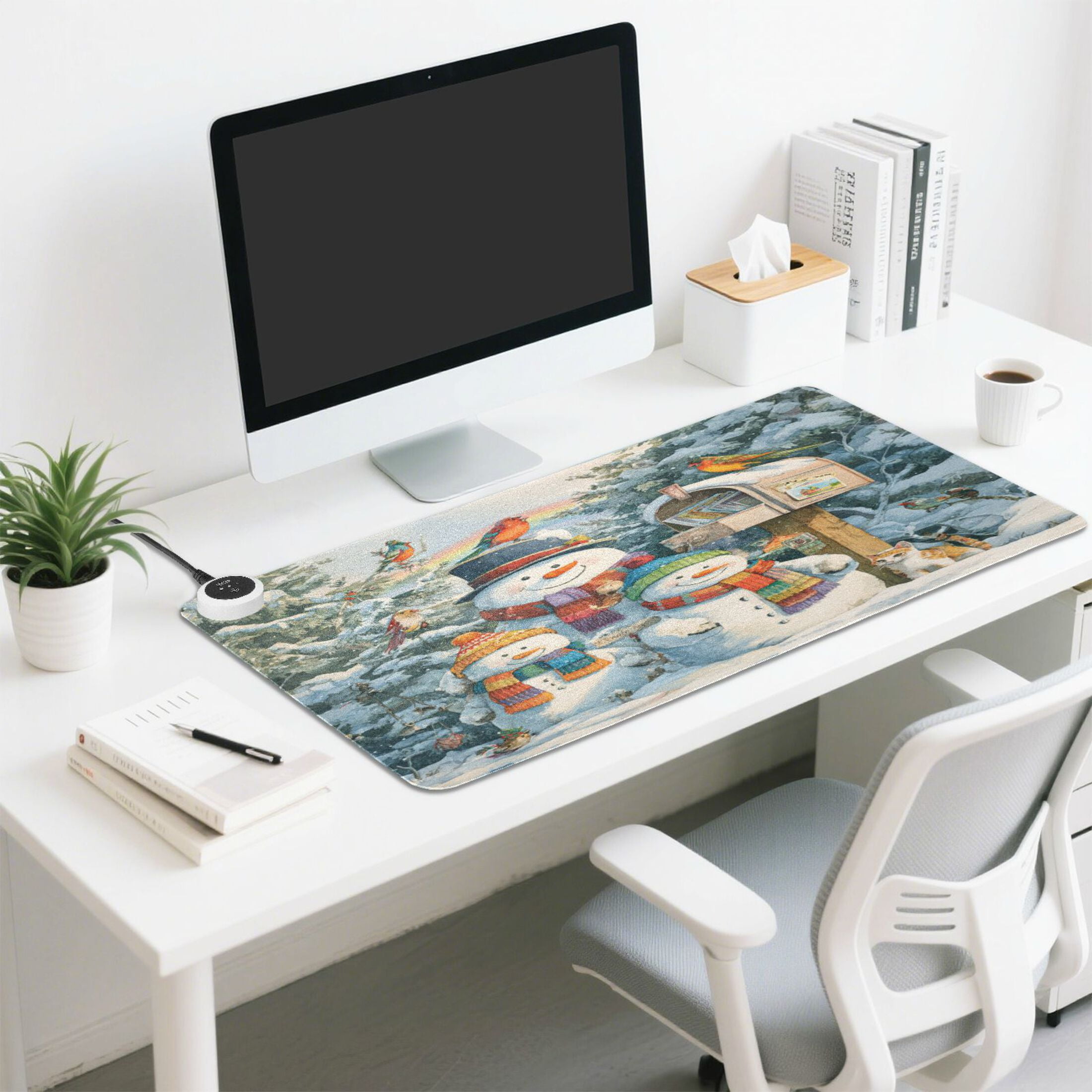 Wobogo Snowman Family Heated Mouse Pad Extra-Large Desk Mat With 3 Heating Levels and 3-hour Auto Shut-Off Protection Ideal for Computer Keyboards Home Office Hand-warming Essential 31.5in × 13in