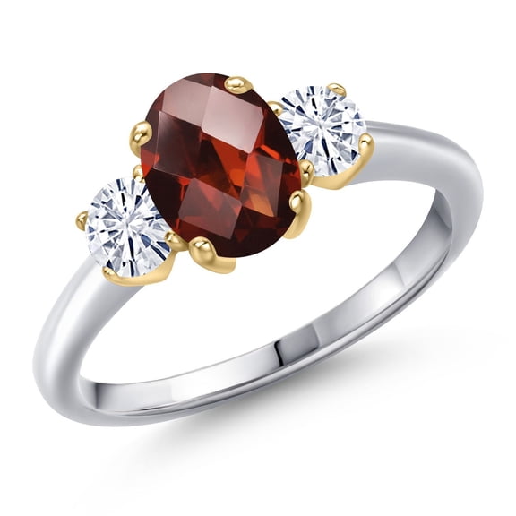 Gem Stone King 10K Two Tone Gold Red Garnet and White Moissanite Engagement Ring for Women | 1.99 Cttw | Oval Checkerboard 8X6MM | Gemstone January Birthstone | Size 5