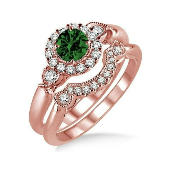 1.25 Carat Emerald & Diamond Antique Three Stone Flower Halo Bridal Set in 14k Rose Gold emerald and diamond engagement ring