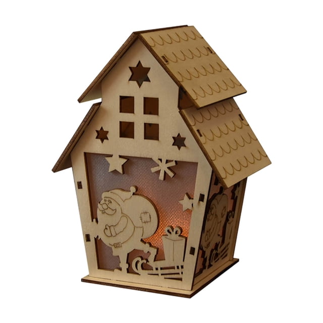Casitas de Madera Brillantes para Navidad, Decoración de Árbol de Nieve, Regalo Diy | Adornos de Madera Natural con Luces Led - 1 Unidad