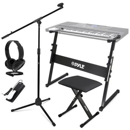 Heavy-Duty Keyboard Accessories - Includes Z Shape Keyboard Stand, Headset, Keyboard Stool, Microphone Stand, and Sustain Pedal (Black)