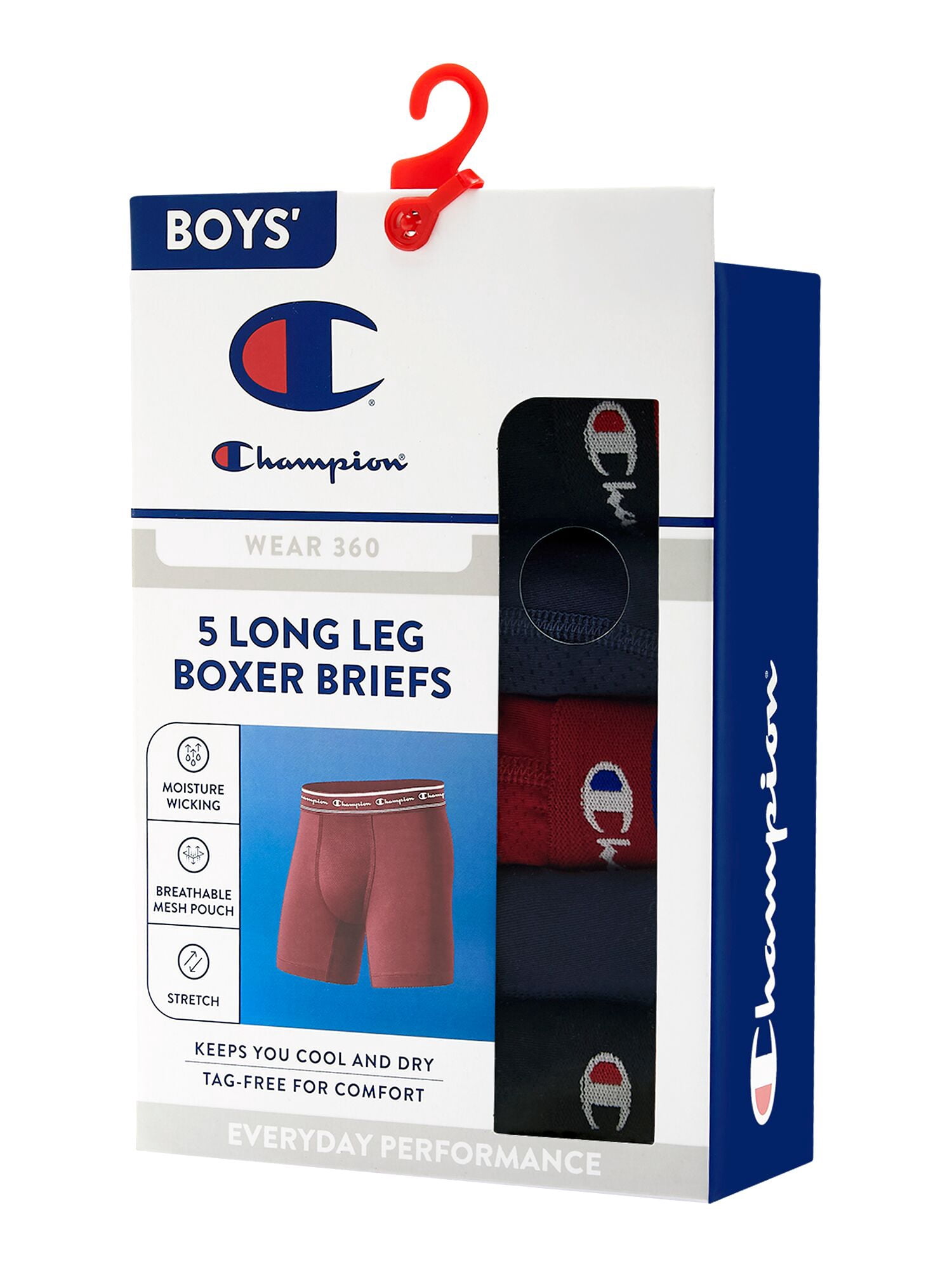 Champion Boys’ Performance Long Leg Boxer Briefs, 5 Pack, Sizes XS–XL