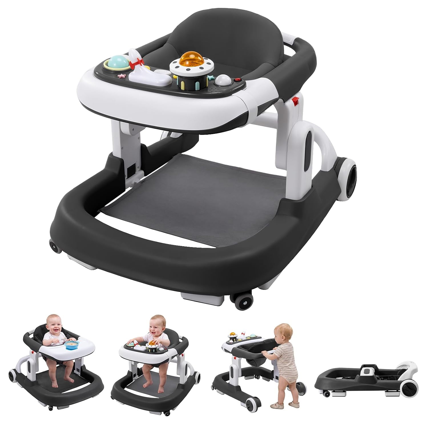 suihuooo 5-in-1 Baby Walker with Wheels,One-Step Fold,3 Adjustable Heights, Detachable Seat,Rocker Bouncer for Boys Girls 6-18 Month,Black