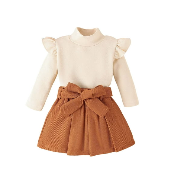 adviicd Skirts for Girls Girl's 2 Piece Outfits Bodycon Dress with Long Sleeve High Low Hem Crop Top (Beige,12-18 Months)