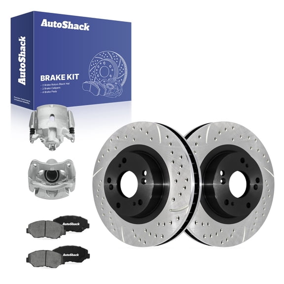AutoShack Front Vented Drilled & Slotted E-Coated Brake Rotors   Ceramic Pads   Calipers 8-PC Brake Kit Replacement for 2012-2015 Honda Civic 2013-2015 Acura ILX ShadowGuard 11.81" (300 mm)