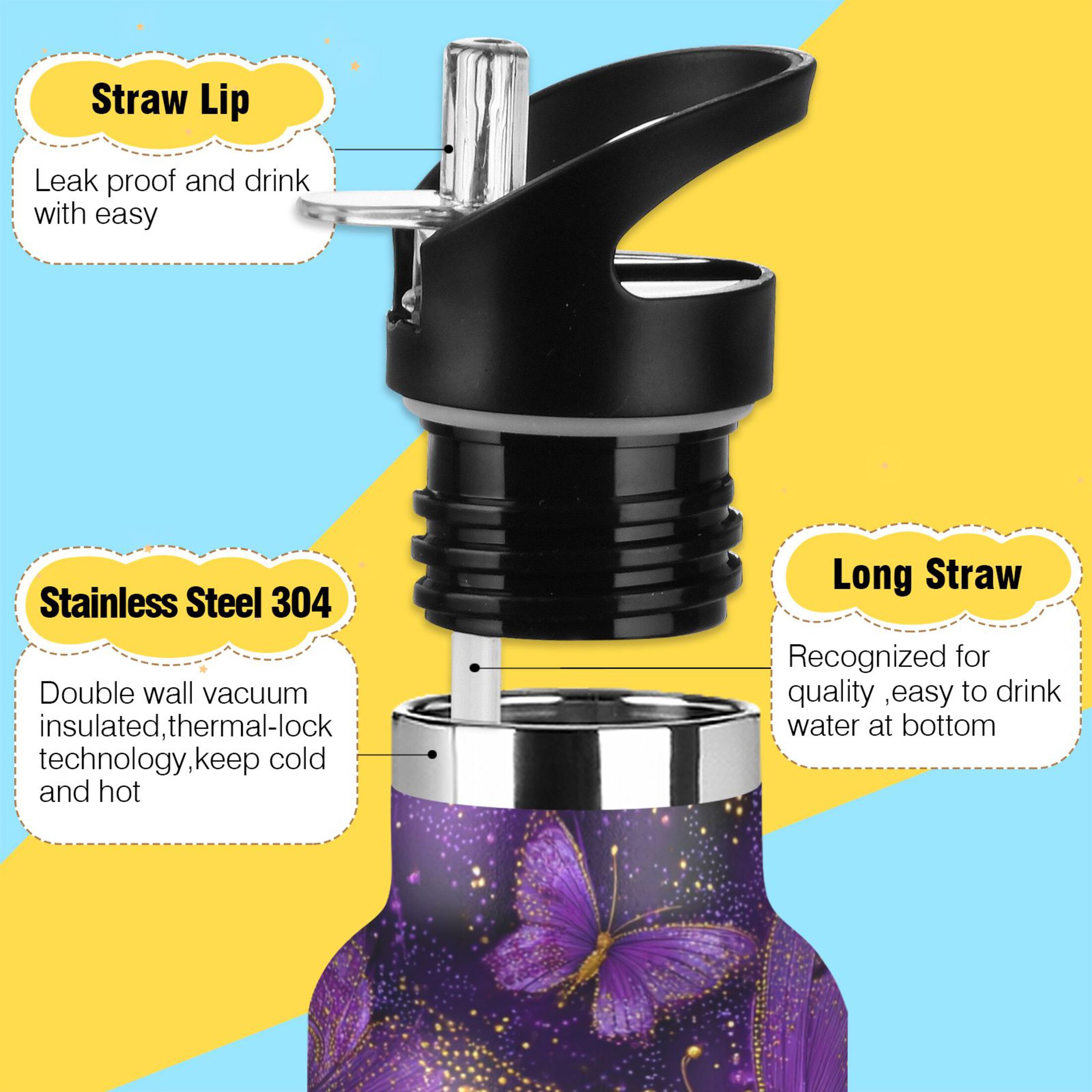 Kids Insulated Stainless Steel Sports Water Bottle 600ml (20oz) Glowing Purple Butterfly