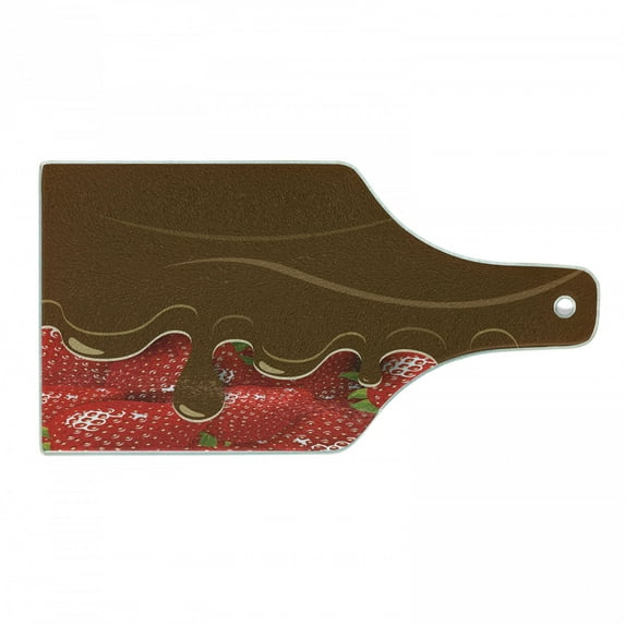 Strawberry Cutting Board, Strawberries Melted Chocolate Confectionery Fruit Delicacies Food Art, Decorative Tempered Glass Cutting and Serving Board, Wine Bottle Shape, Brown Red, by Ambesonne