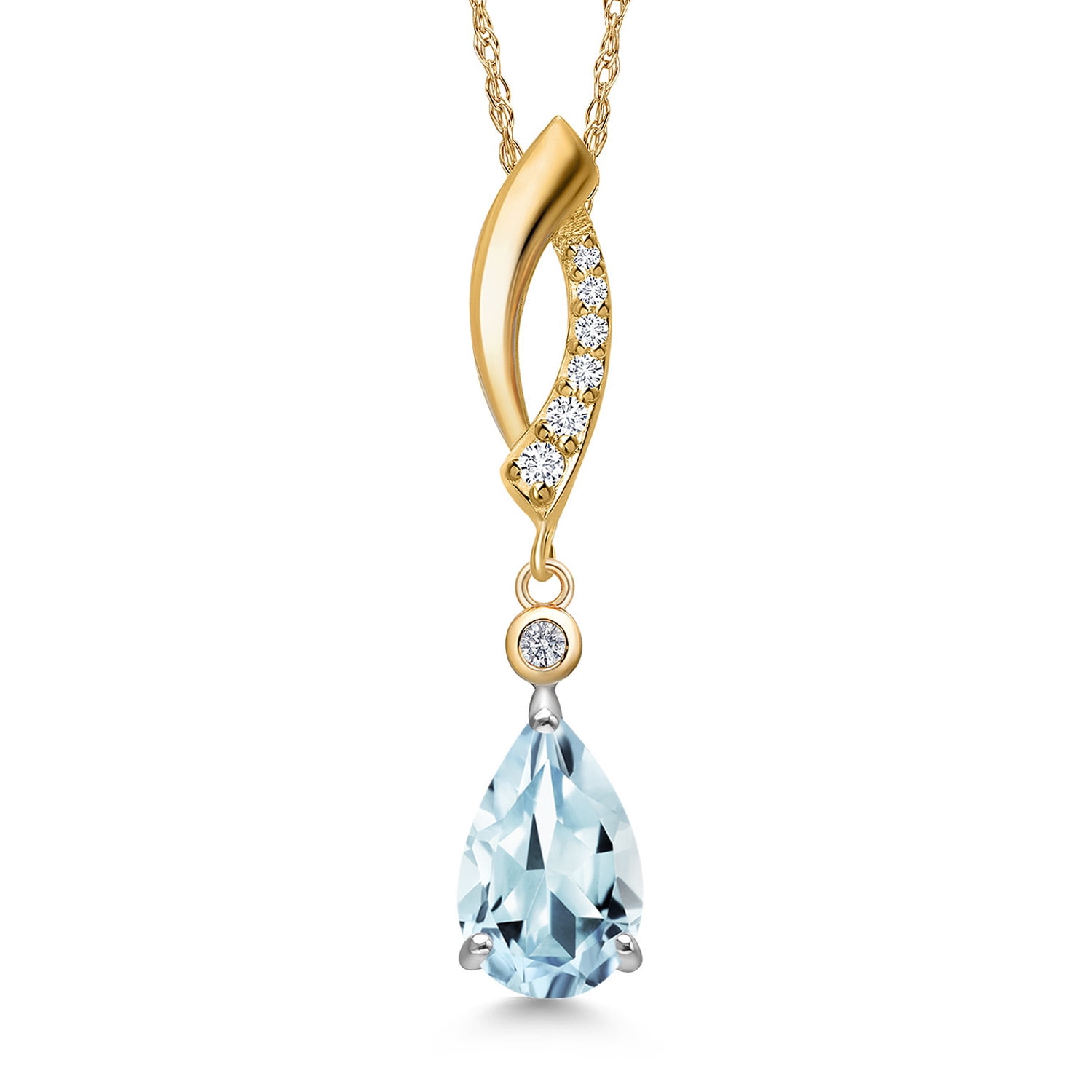Gem Stone King 925 Silver and 10K Yellow Gold Sky Blue Aquamarine and Lab Grown Diamond Pendant Necklace for Women | 1.22 Cttw | Gemstone March Birthstone | Pear Shape 9X6MM | With 18 inch Chain