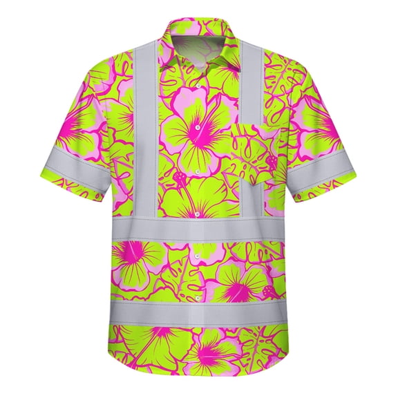Hi Vis Hawaiian Shirt Reflective Tapes Pink Neon And Lime Flowers Custom Name Safety Workwear For Workers, Truckers, Operators