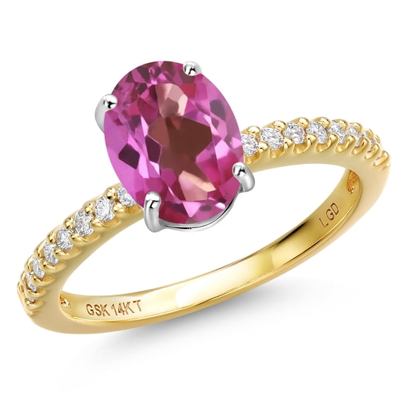 Gem Stone King 14K Two Tone Gold Pink Mystic Topaz and Lab Grown Diamond Engagement Ring for Women | 2.36 Cttw | Oval 9X7MM | Gemstone November Birthstone | Size 9