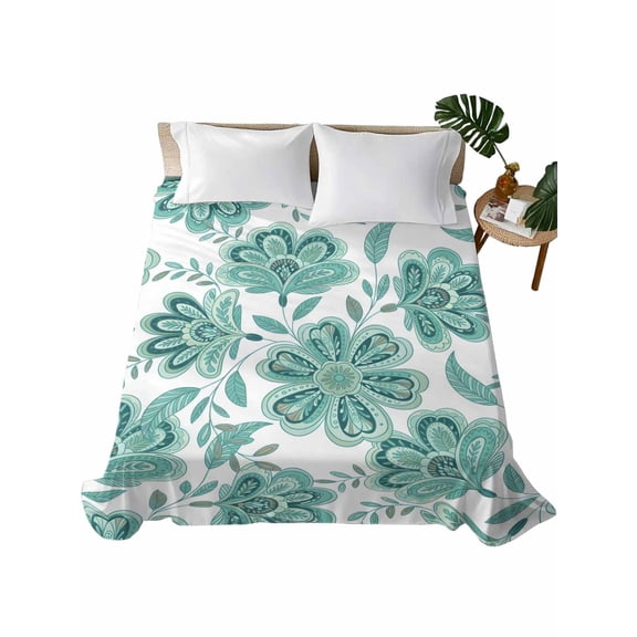 Queen Flat Sheet 90"x102", Turquoise Paisley Floral Soft Lightweight Bedding Flat Sheets Only, Boho Vintage Ethnic Flowers Brushed Microfiber Top Bed Sheet, Breathable StainResistant Bedsheets