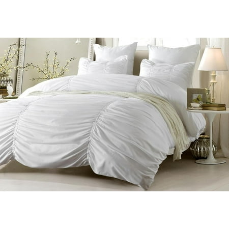 3pc Ruched Design White Bedding Set Includes forter and