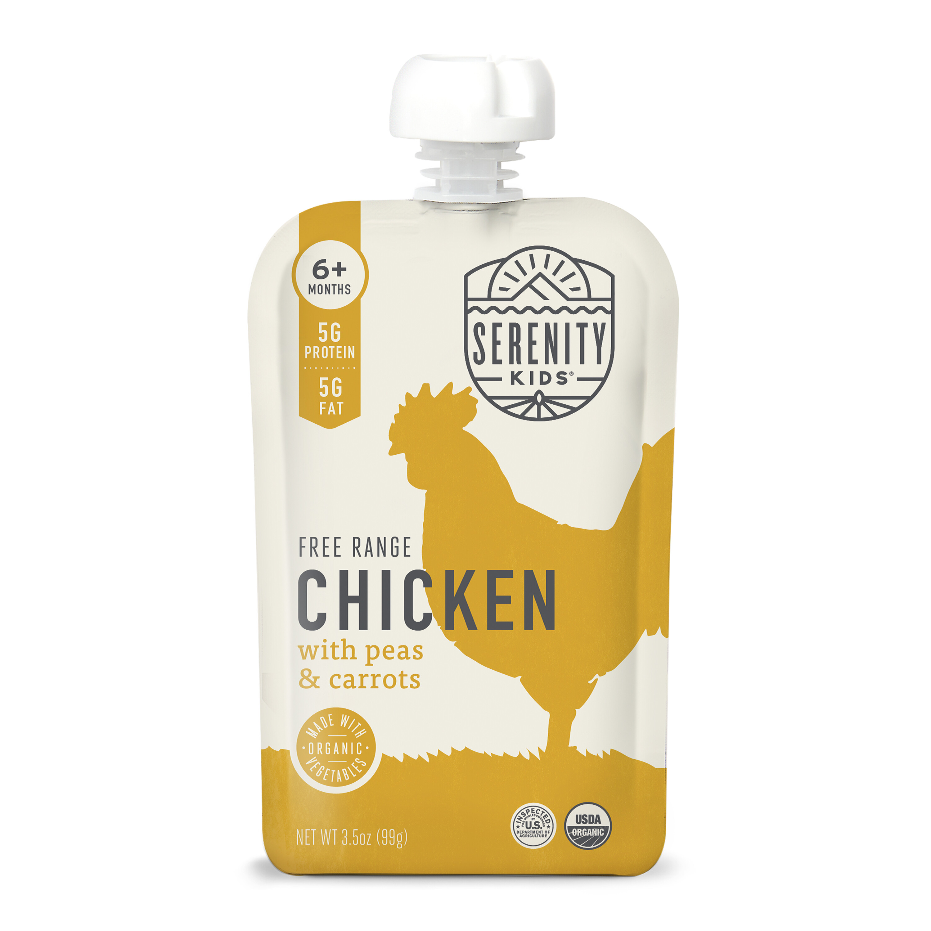 Serenity Kids Stage 2 Organic Free Range Chicken Baby Food with Peas & Carrots, 3.5oz Pouch