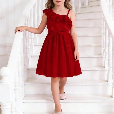 Spazoro Girls Midi Cold Shoulder Dresses A-Line Short Sleeve Solid Crew Neck Casual Summer Dresses for Girls Red Size 7-8