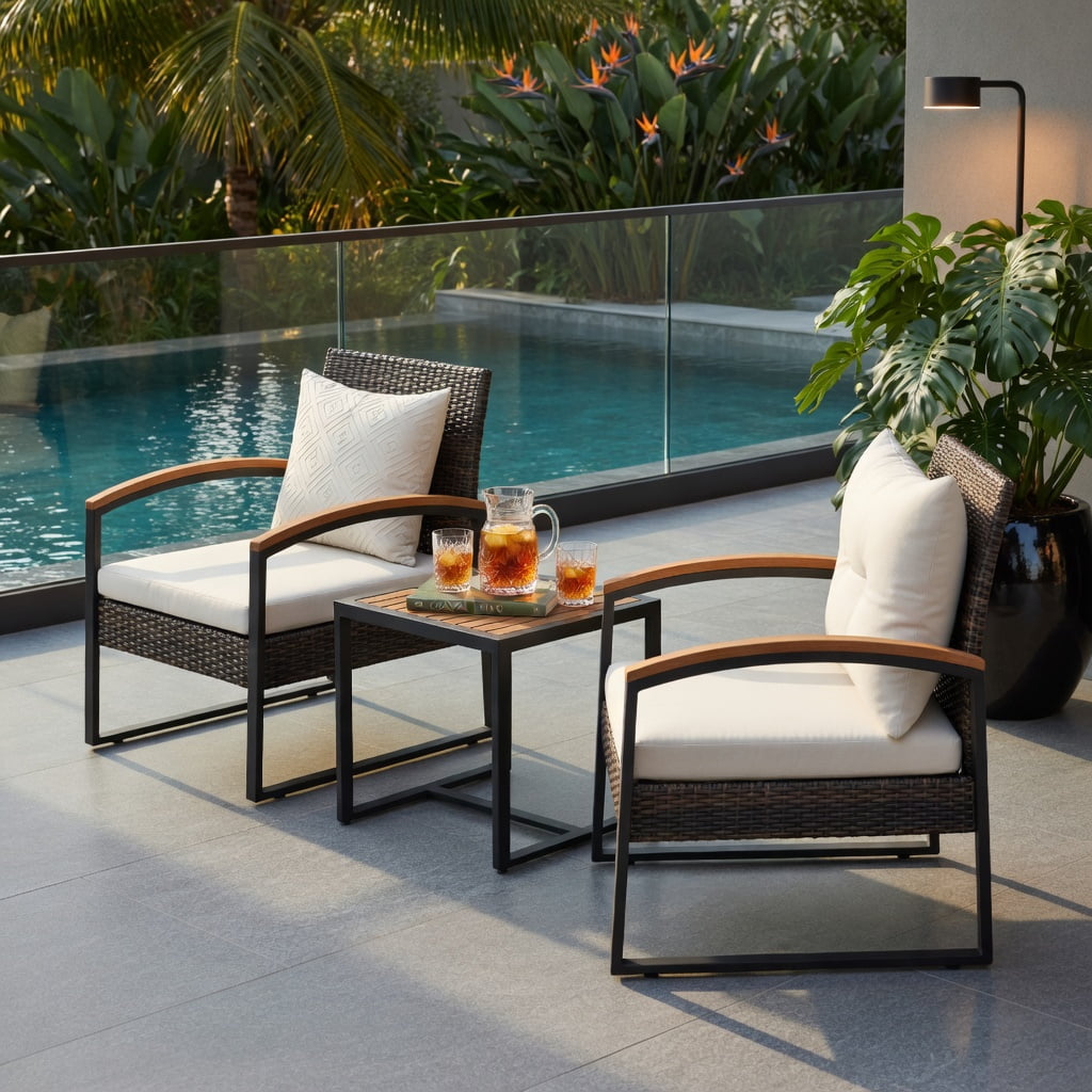 Hommoo 3-Piece Outdoor Patio Conversation Set, Acacia Wood Armrests & Tabletop, PE Rattan Chairs with Cushions, Includes Square Coffee Table, White