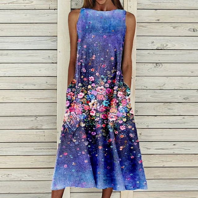 SMihono Summer Boho Maxi Dress pour Femmes Plus Size Femmes Mode en Vrac Poche Sans Manches Long Dress Imprimer Rétro Dress Plage Swing Sundress