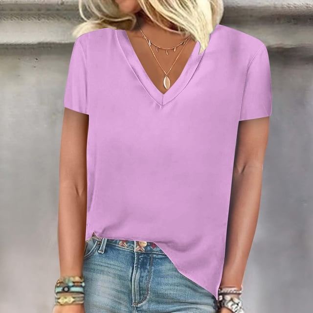 AherBiu T-Shirts pour Femmes Col en V Été Manches Courtes Hauts de Sortie Légers Basiques Unis T-Shirt Blouses