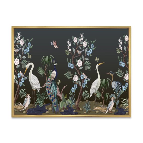 Designart 'Chinoiserie With Peonies and Birds IV' Traditional Framed Canvas Wall Art Print