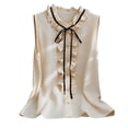 thumbnail image 5 of Women's Summer Sleeveless Botton Down Bow Tie Blouse Ruffled Neck Work Casual Chiffon Tank Top Khaki XL, 5 of 6