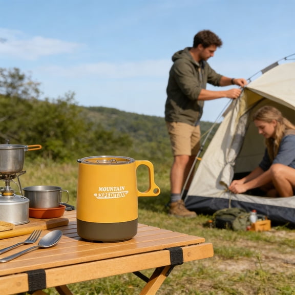HOARBOEG Portable Camping Cup, Outdoor Travel Coffee Mug with Handle, Reusable Plastic Cup for Hiking, Backpacking, Picnic, Home, 16 oz