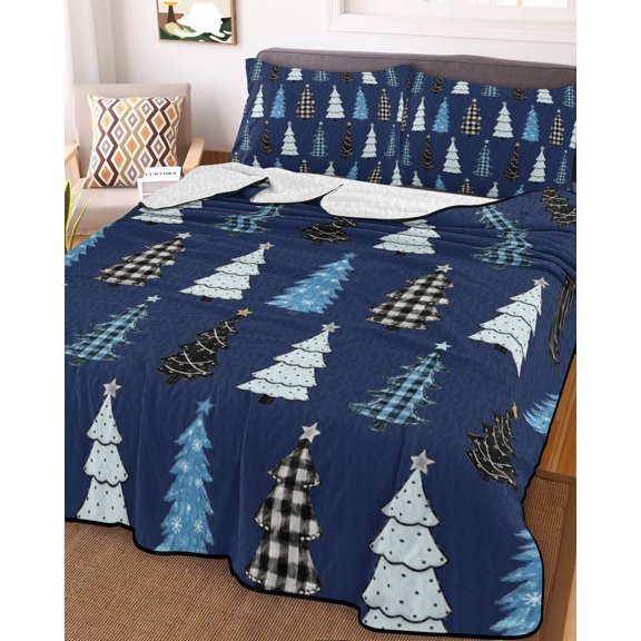 Full Quilt Bedding Set, Merry Christmas Tree Blue Gradient Lightweight Coverlet Summer Comforter Set Soft Microfiber Bedspread, Cartoon Style 3 Piece Quilt Set with 2 Pillow Shams