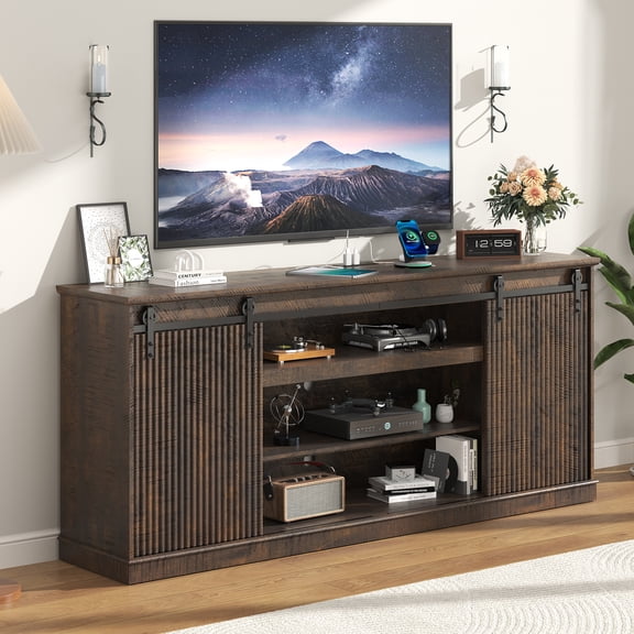 ANPOO Fluted TV Stand with Power Outlet, 74.8''Farmhouse Entertainment Center for 80''TV, Rustic Sliding Barn Door TV Console with Open&Closed Storage, Wood TV Cabinet & Buffet Table for Living Room
