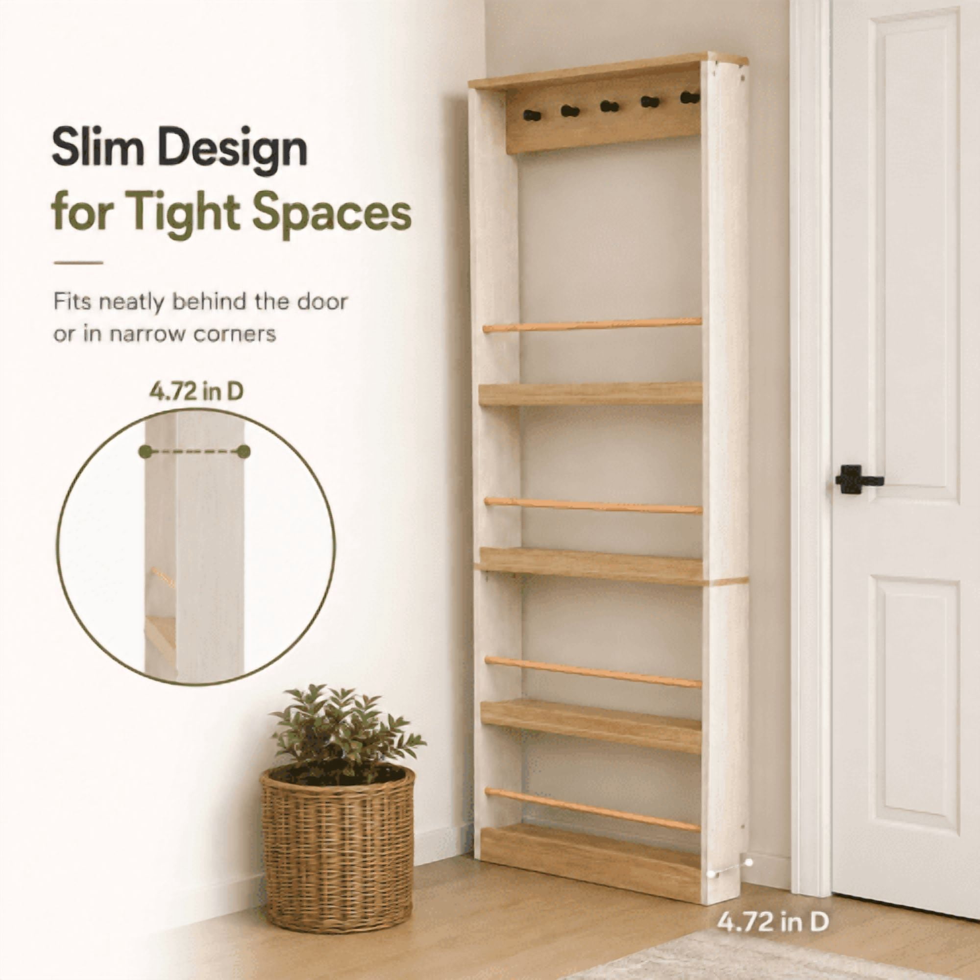 70.87" Tall Bookcase behind the Door with 4 Shelves and 5 Hooks, Space-Saving Narrow Storage Cabinet for Living Room, Bedroom, Hallway, Antique White