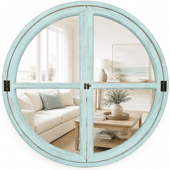 YAURA 30" Round Window Mirror, Distressed White Solid Wood Frame Wall Mirror with Faux Windowpanes, Farmhouse Cottagecore Decor for Living Room, Entryway & Dining Room