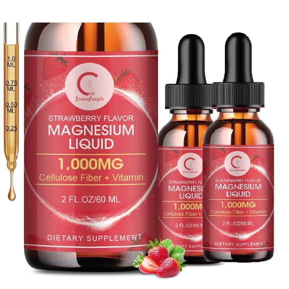 Magnesium Glycinate Liquid Drop - With Bromelain Cellulose Fiber Vitamin B6,C - for Energy, Sleep, Muscle, Immune, Strawberry Flavor, 2 Fl OZ 60ml(2 Pack)